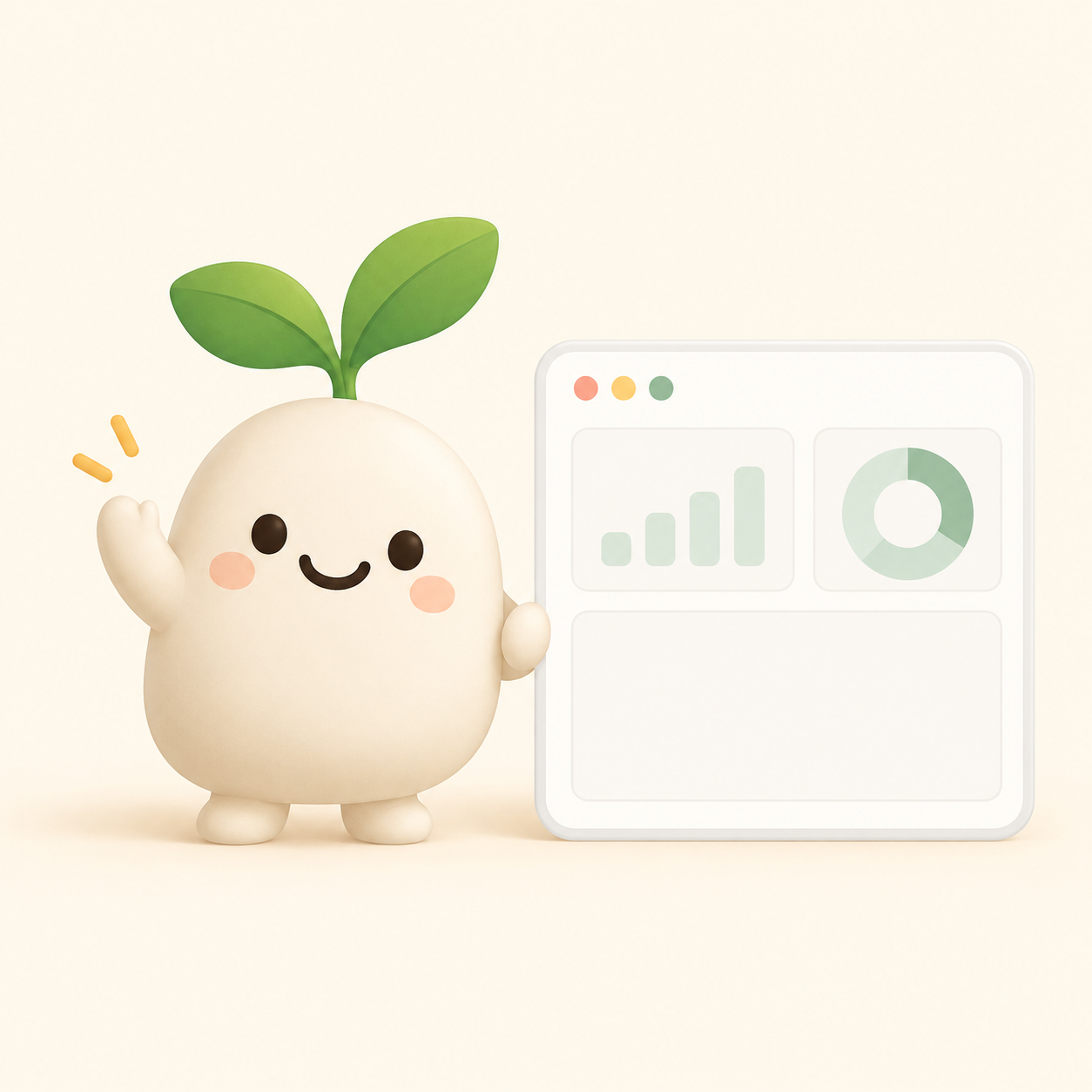 Pip, the Pimlo pebble-sprout guide, waving beside a strategy dashboard